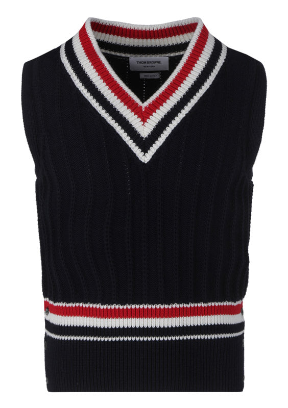 Cashmere Strip Trim Knit V-Neck Vest - Navy