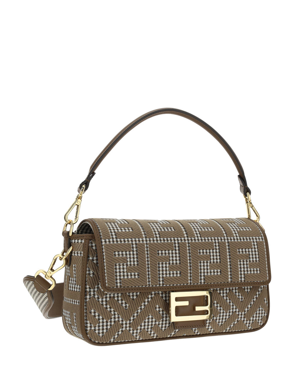 Houndstooth Wool Baguette Bag With FF Embroidery - Brown