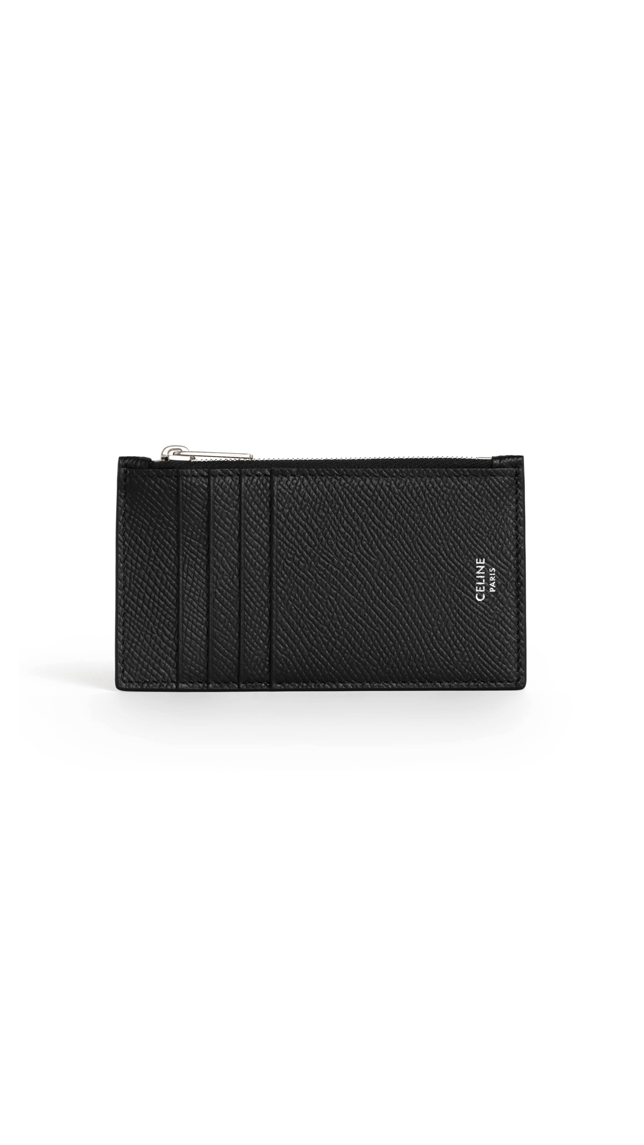 Zipped Compact Card Holder In Grained Calfskin - Black