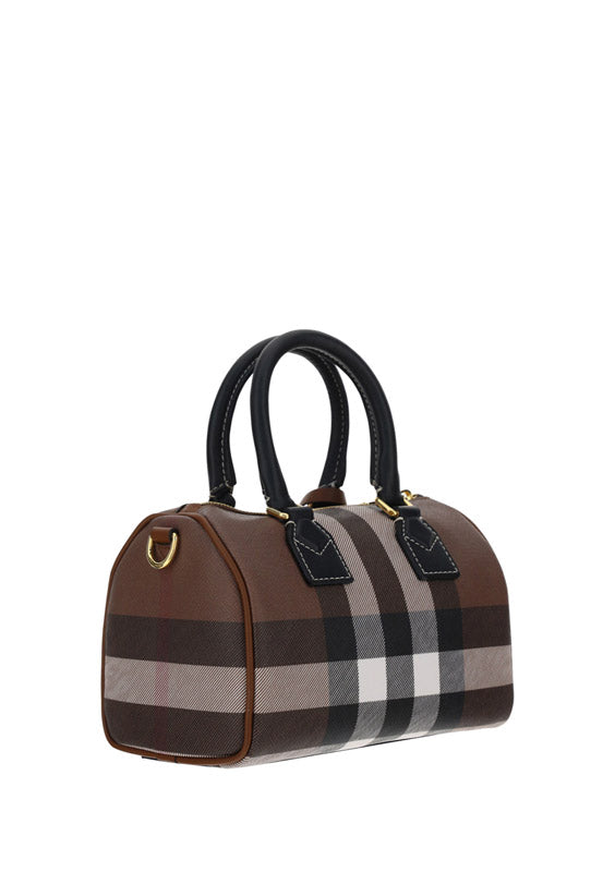 Check and Leather Mini Bowling Bag - Dark Birch Brown