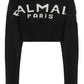 Cropped Knit Sweater With Graffiti Balmain Logo Print - Black