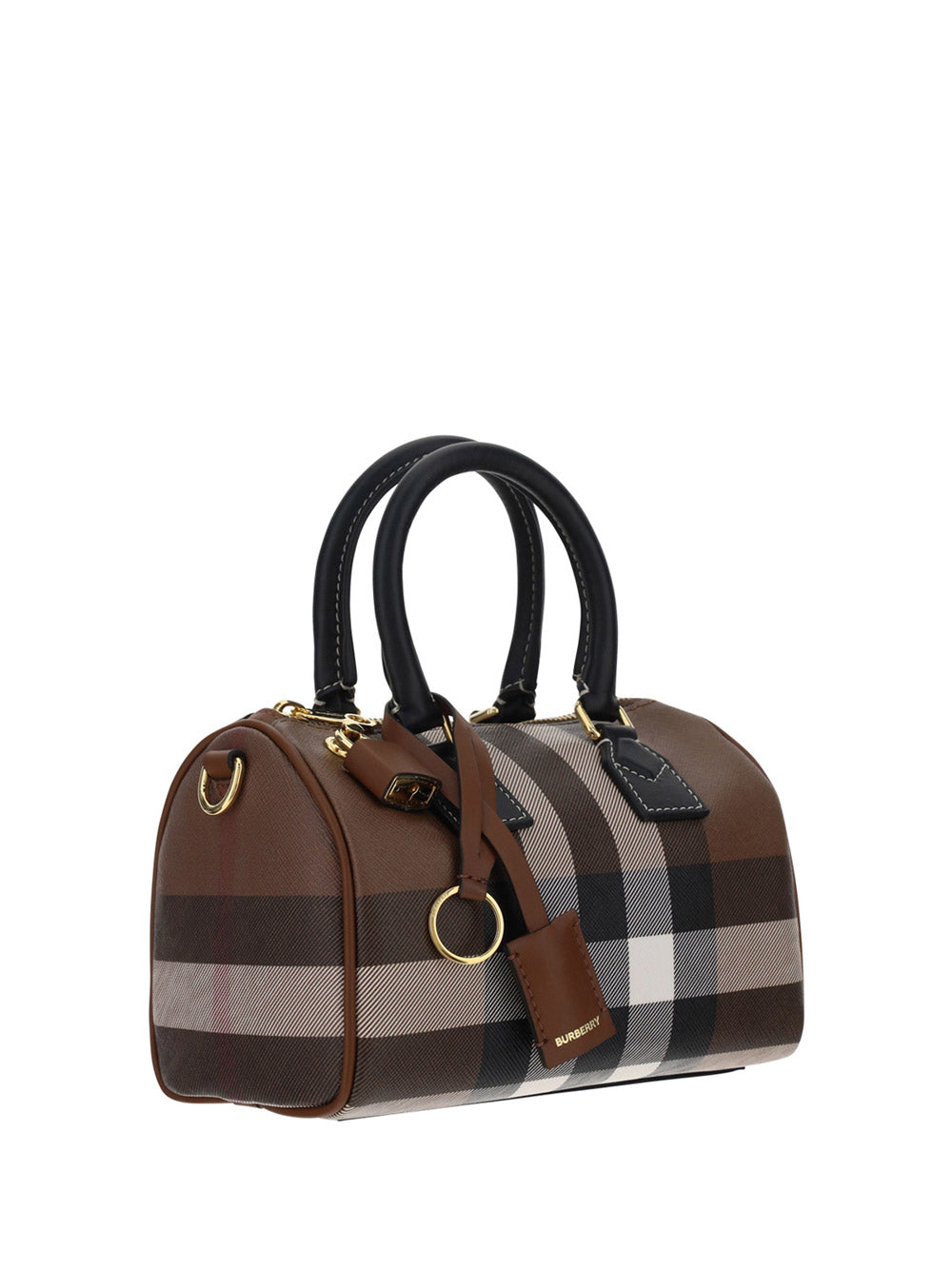 Check and Leather Mini Bowling Bag - Dark Birch Brown