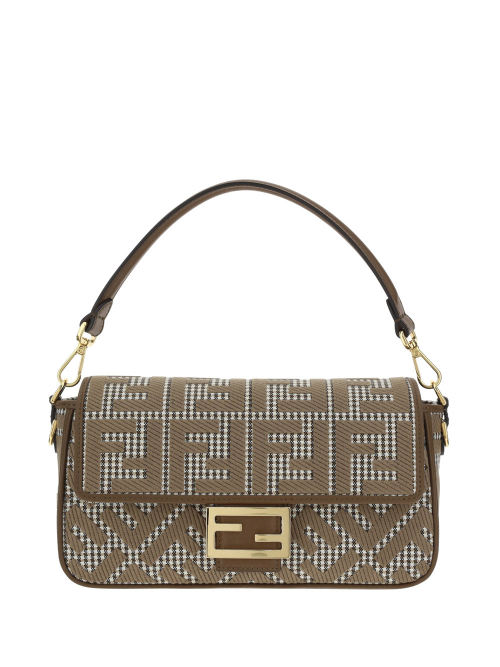 Houndstooth Wool Baguette Bag With FF Embroidery - Brown