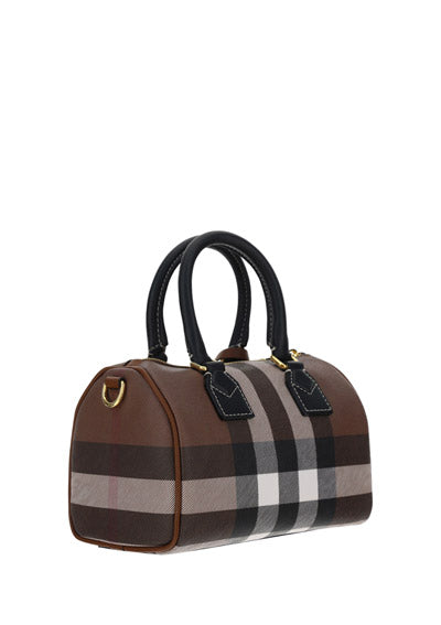 Check and Leather Mini Bowling Bag - Dark Birch Brown