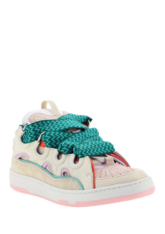 Leather Curb Sneakers - Pink / Turquoise