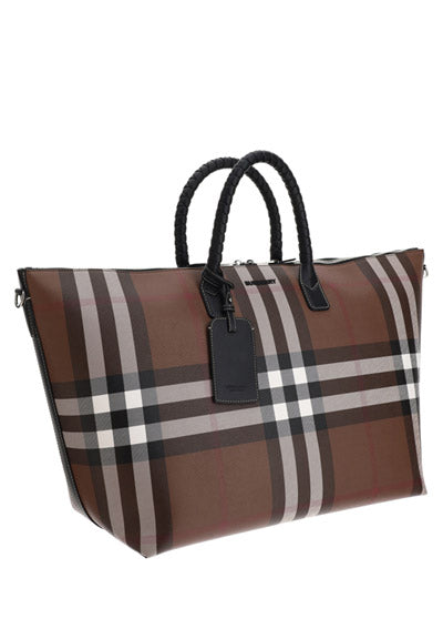 Check and Leather Holdall - Dark Birch Brown