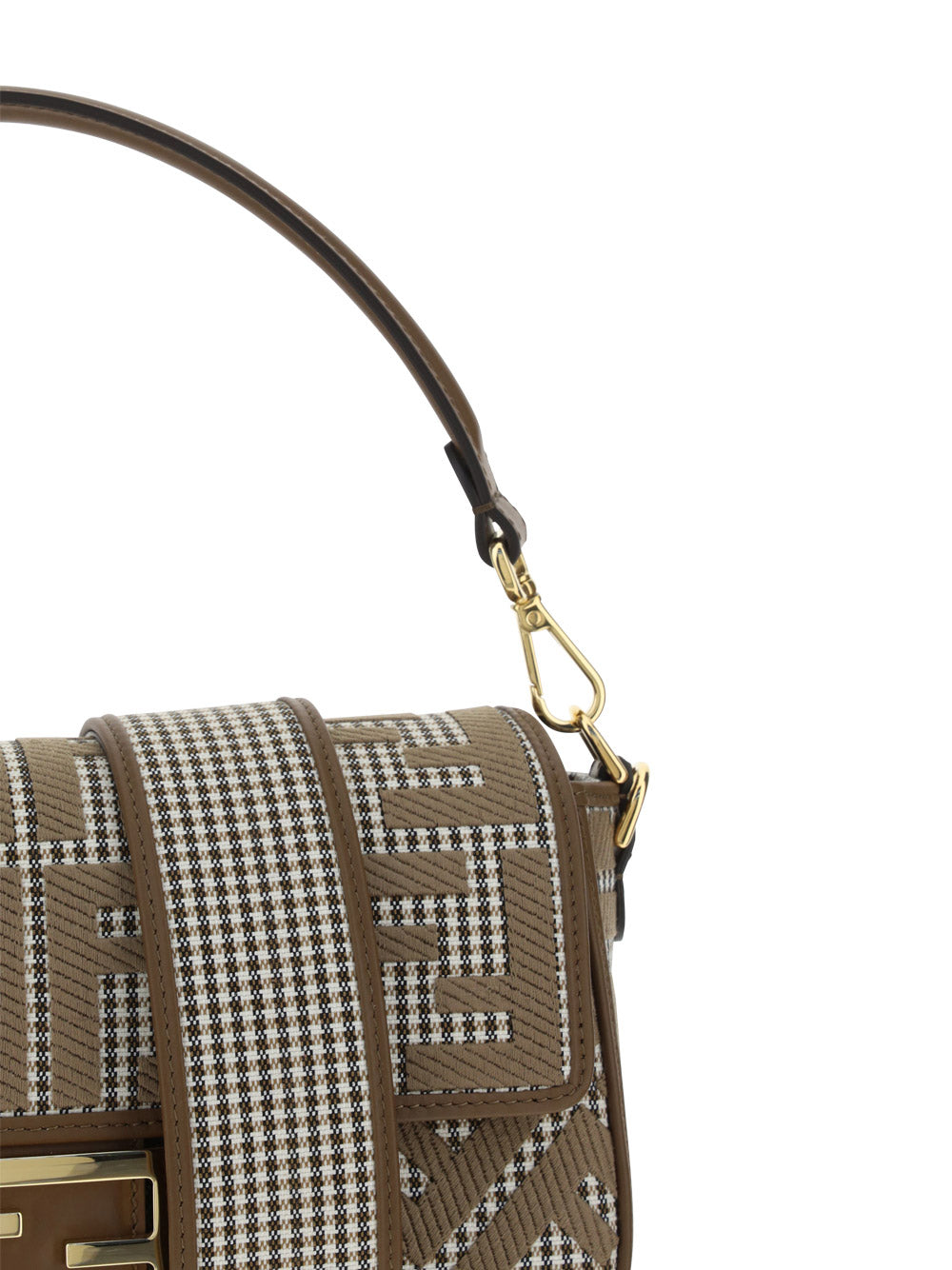 Houndstooth Wool Baguette Bag With FF Embroidery - Brown