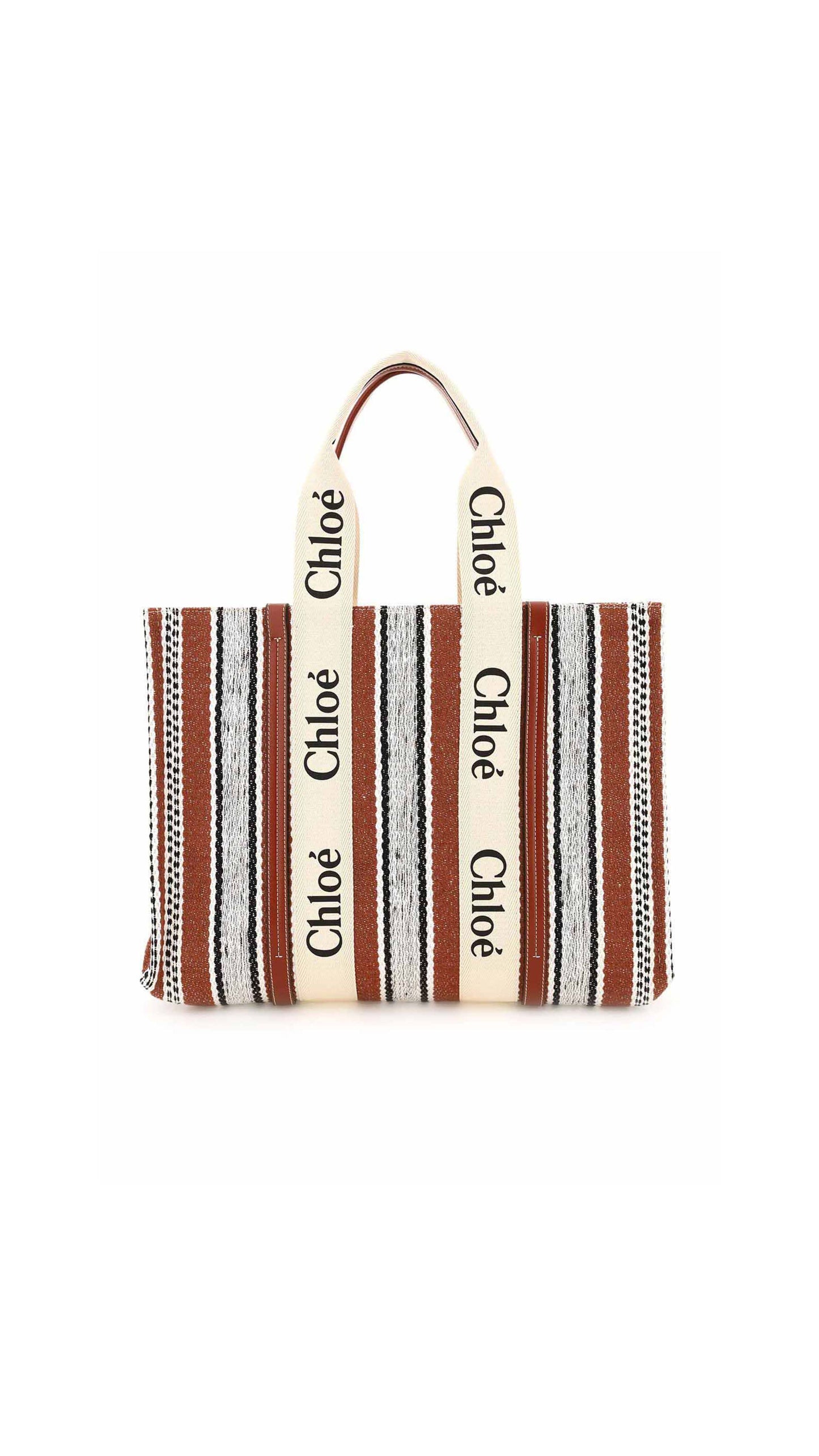 Medium Woody Tote Bag - Striped Linen Brown