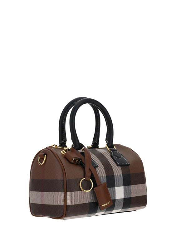 Check and Leather Mini Bowling Bag - Dark Birch Brown