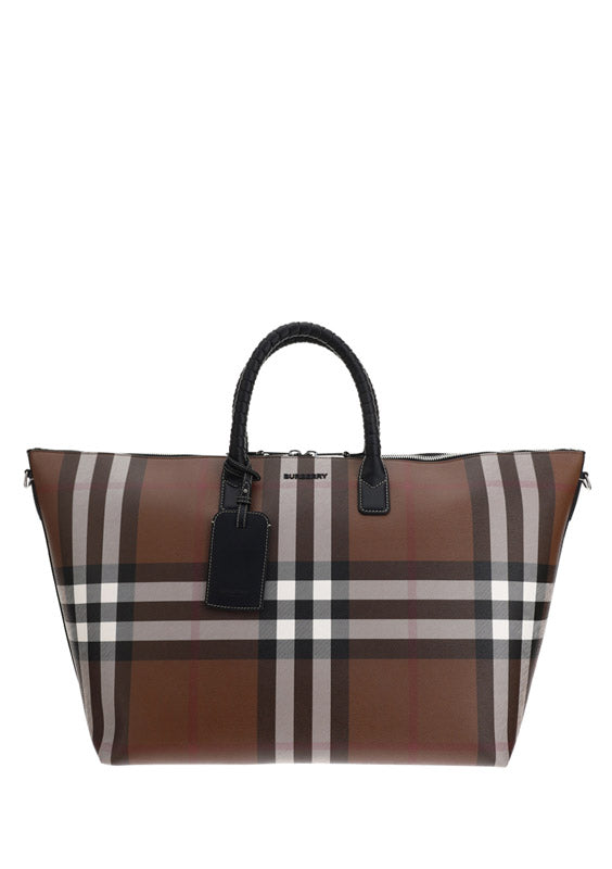 Check and Leather Holdall - Dark Birch Brown