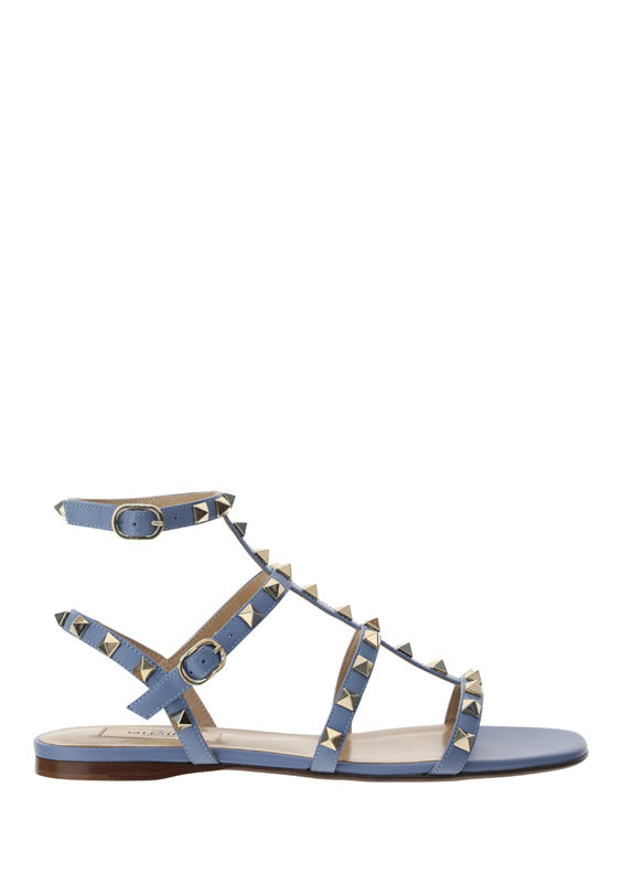 Rockstud Flat Calfskin Sandal with Straps - Azure