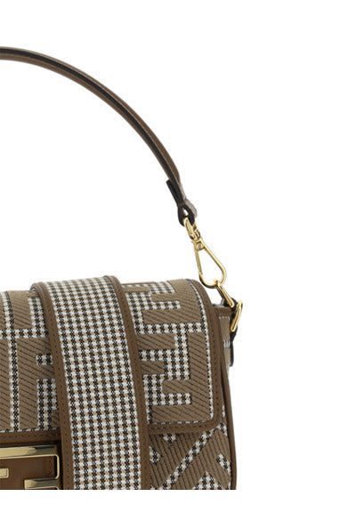 Houndstooth Wool Baguette Bag With FF Embroidery - Brown