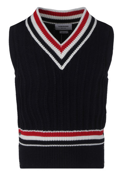 Cashmere Strip Trim Knit V-Neck Vest - Navy