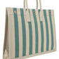 Rive Gauche Tote Bag In Striped Canvas And Smooth Leather - Beige / Blue