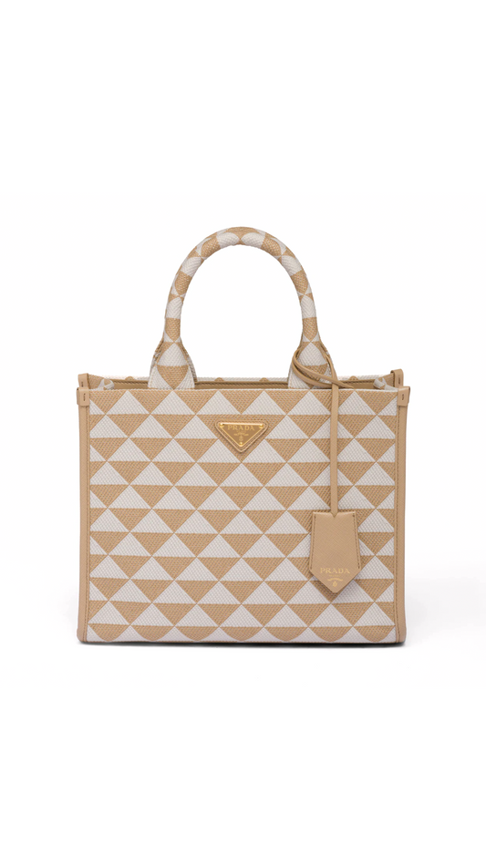 Small Prada Symbole Embroidered Fabric Handbag - Beige/Chalk
