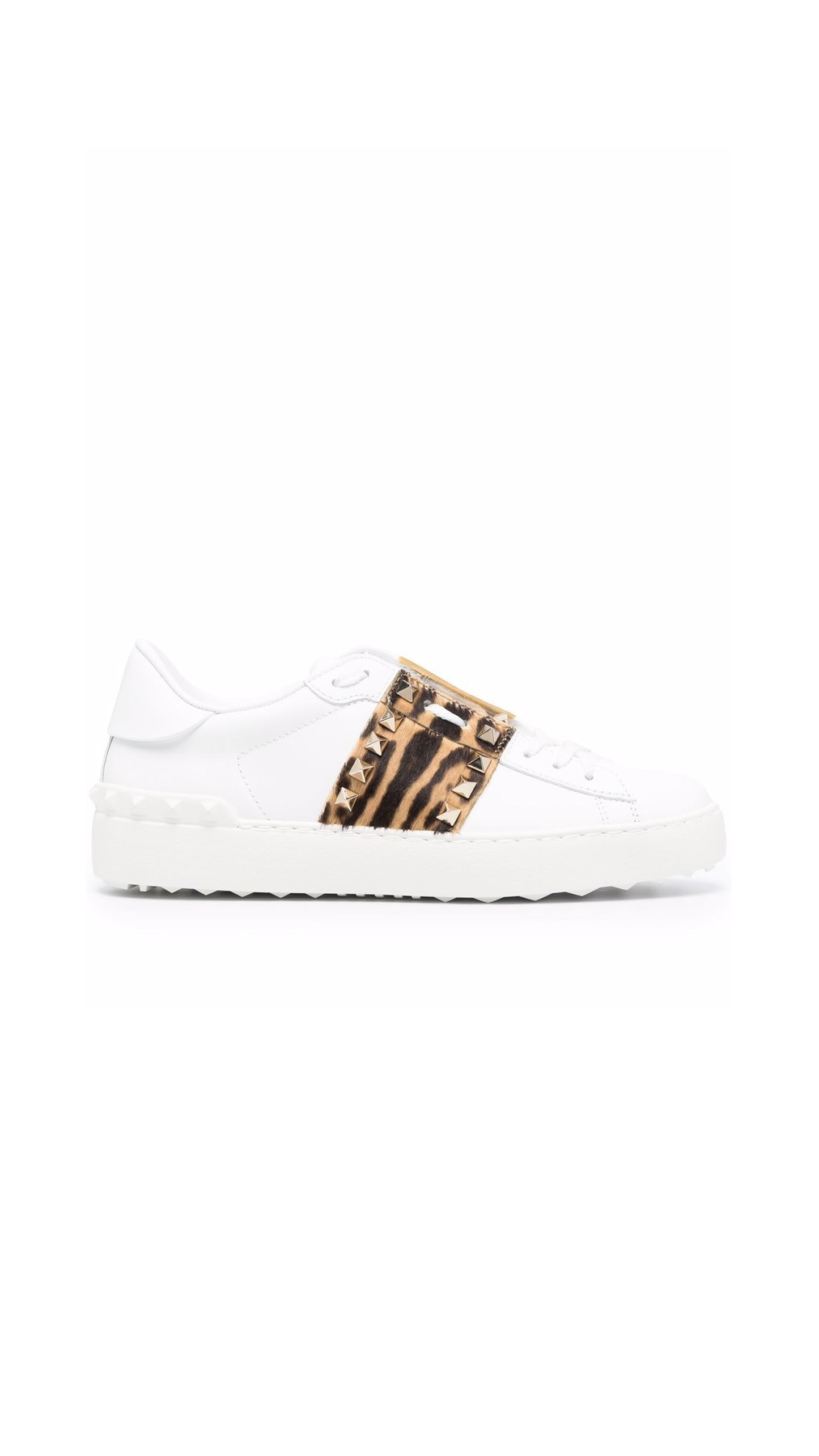 Rockstud Untitled Sneaker In Leopard & White Calfskin Leather - White / Leopard