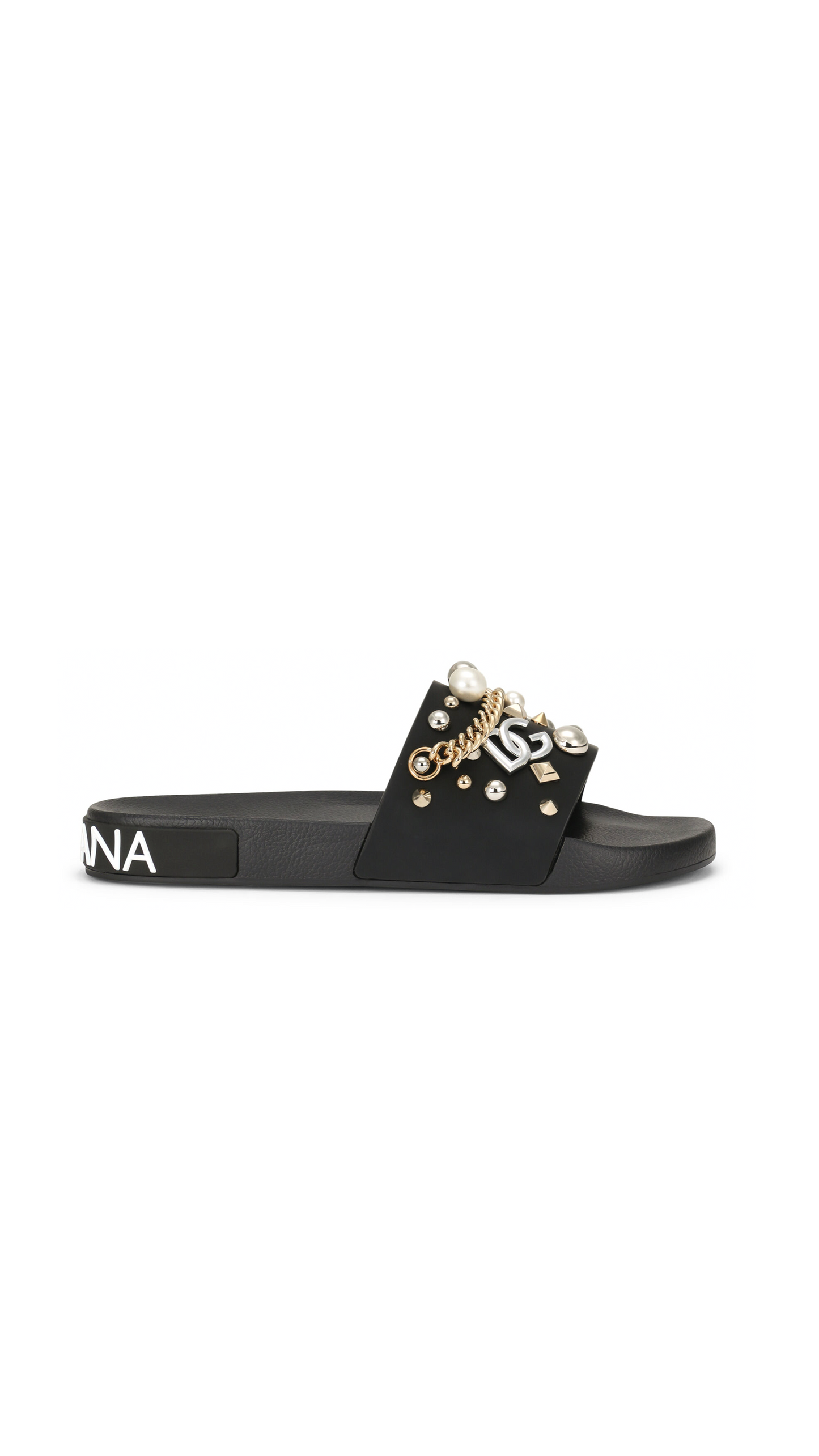Rubber Beachwear Sliders with Embroidery - Black