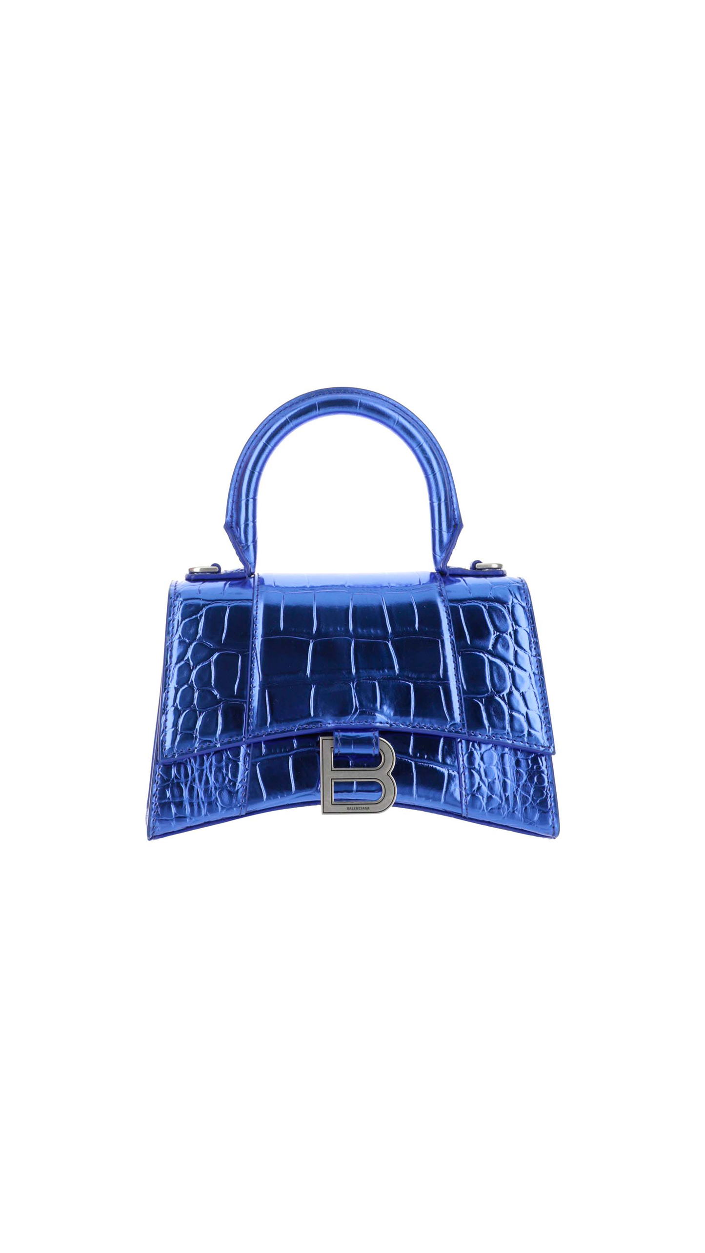 Hourglass XD Handbag In Metallized Crocodile Embossed Calfskin - Electric Blue