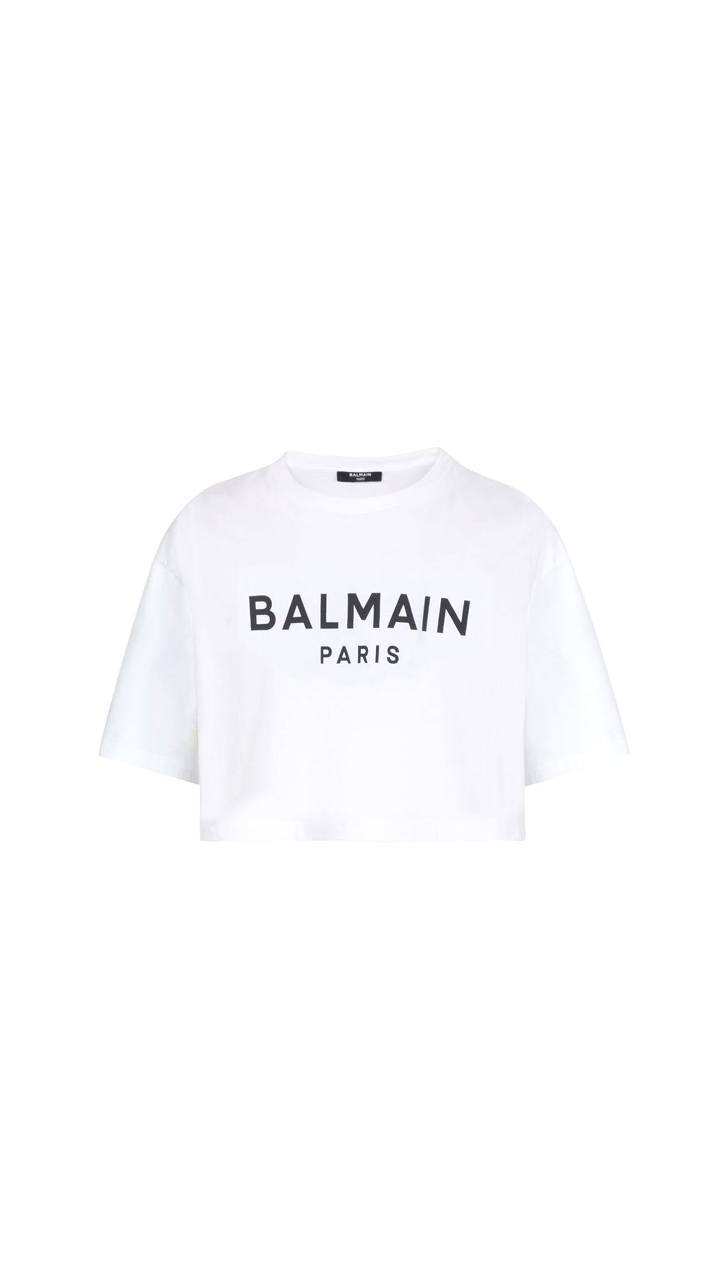Cotton Short T-shirt With Black Balmain Logo Print - White