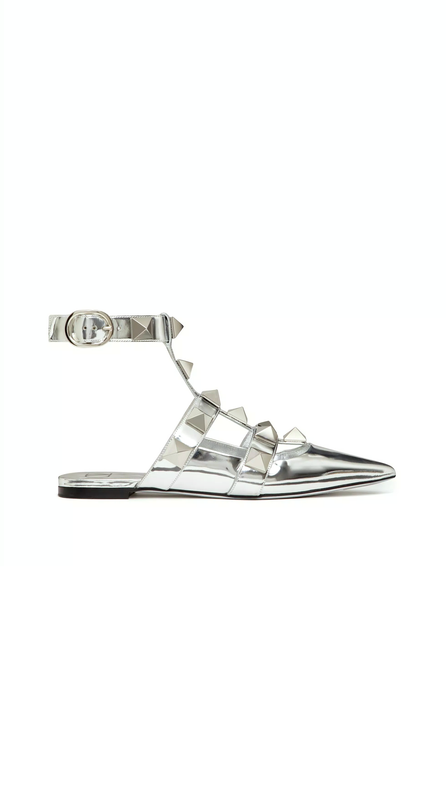 Roman Stud Ballet Flat In Calfskin Leather With Mirror-Finish - Silver