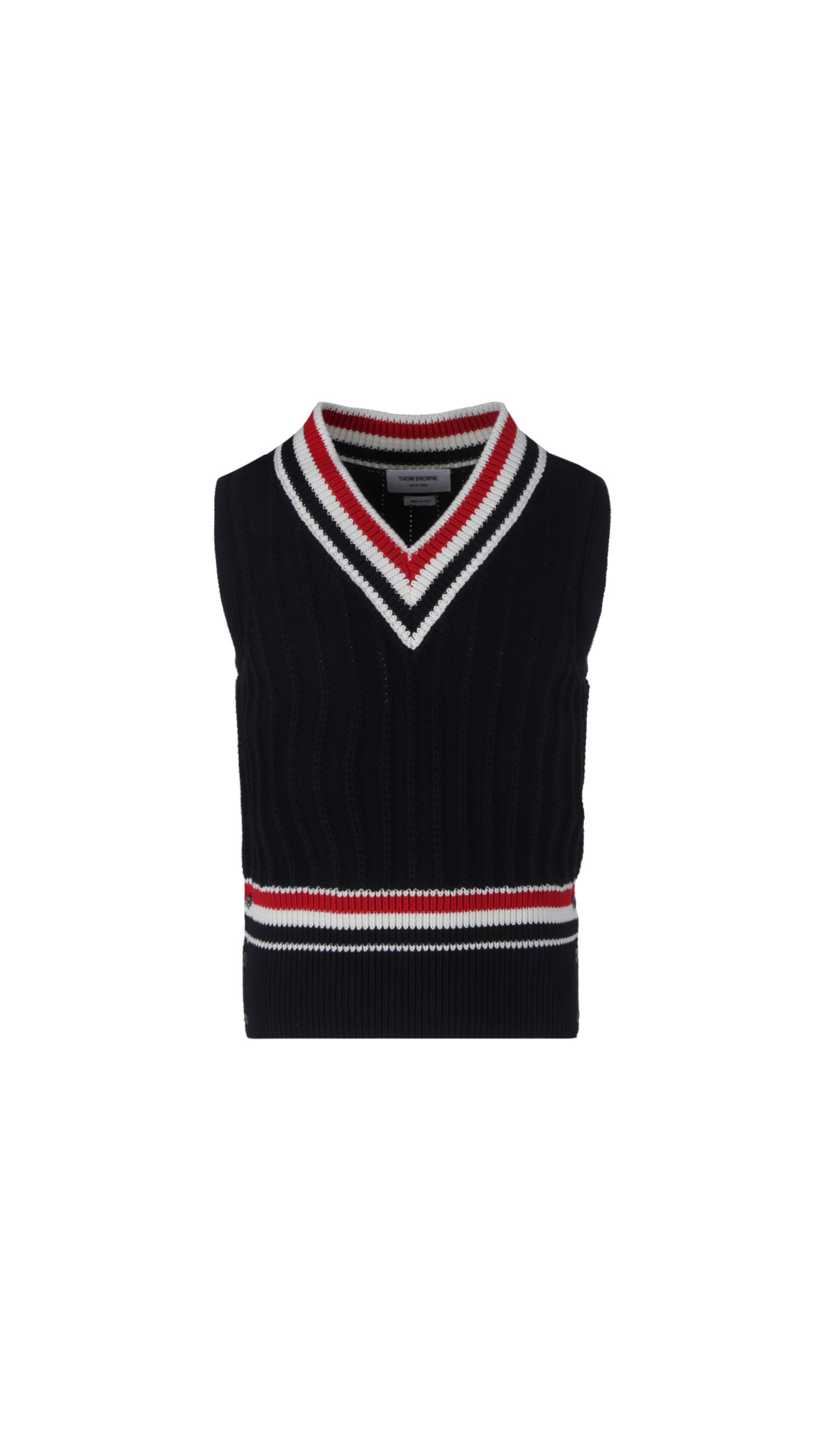 Cashmere Strip Trim Knit V-Neck Vest - Navy