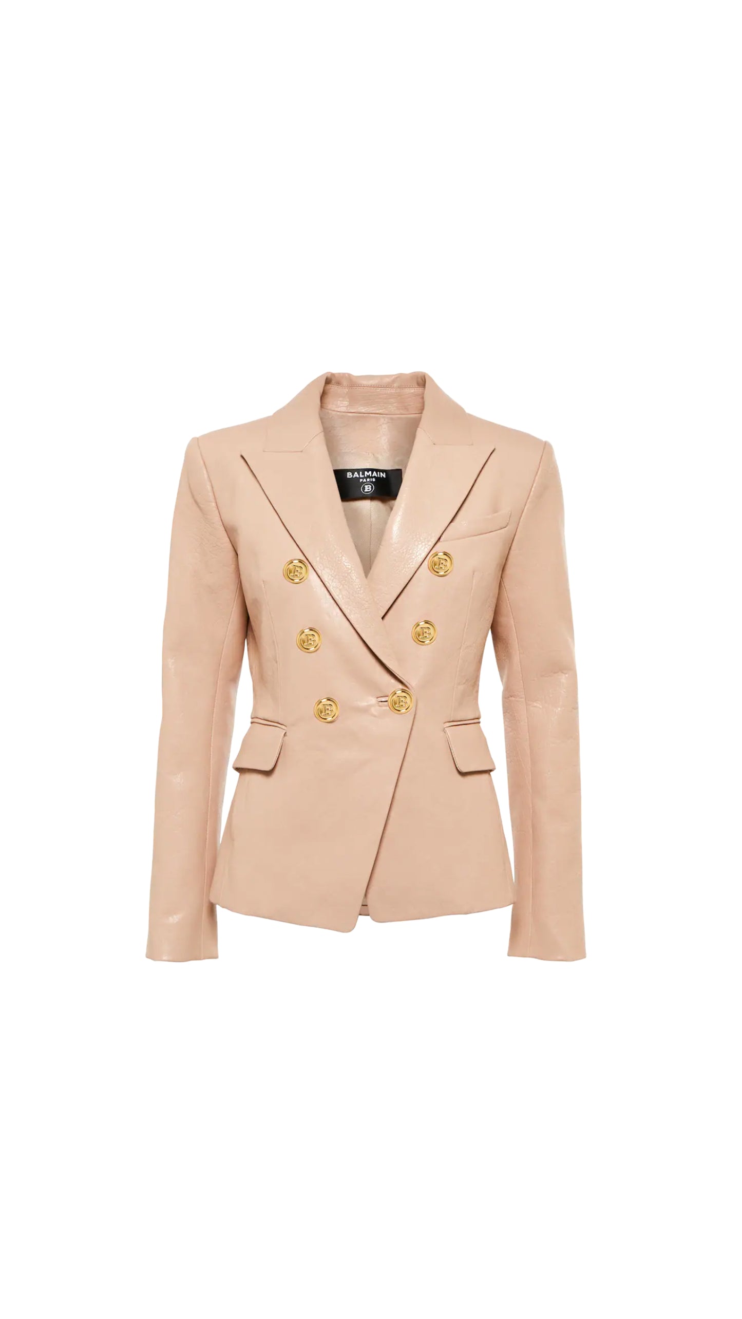 Double-Breasted Leather Blazer - Beige