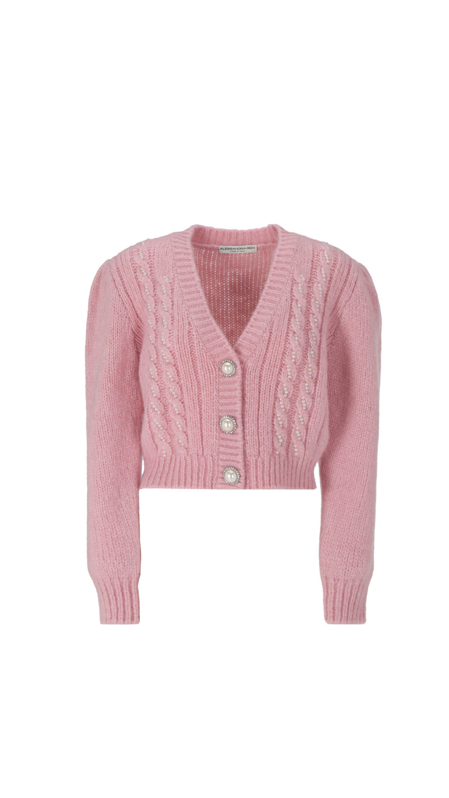 Cable Knit Cardigan With Pearls - Pink