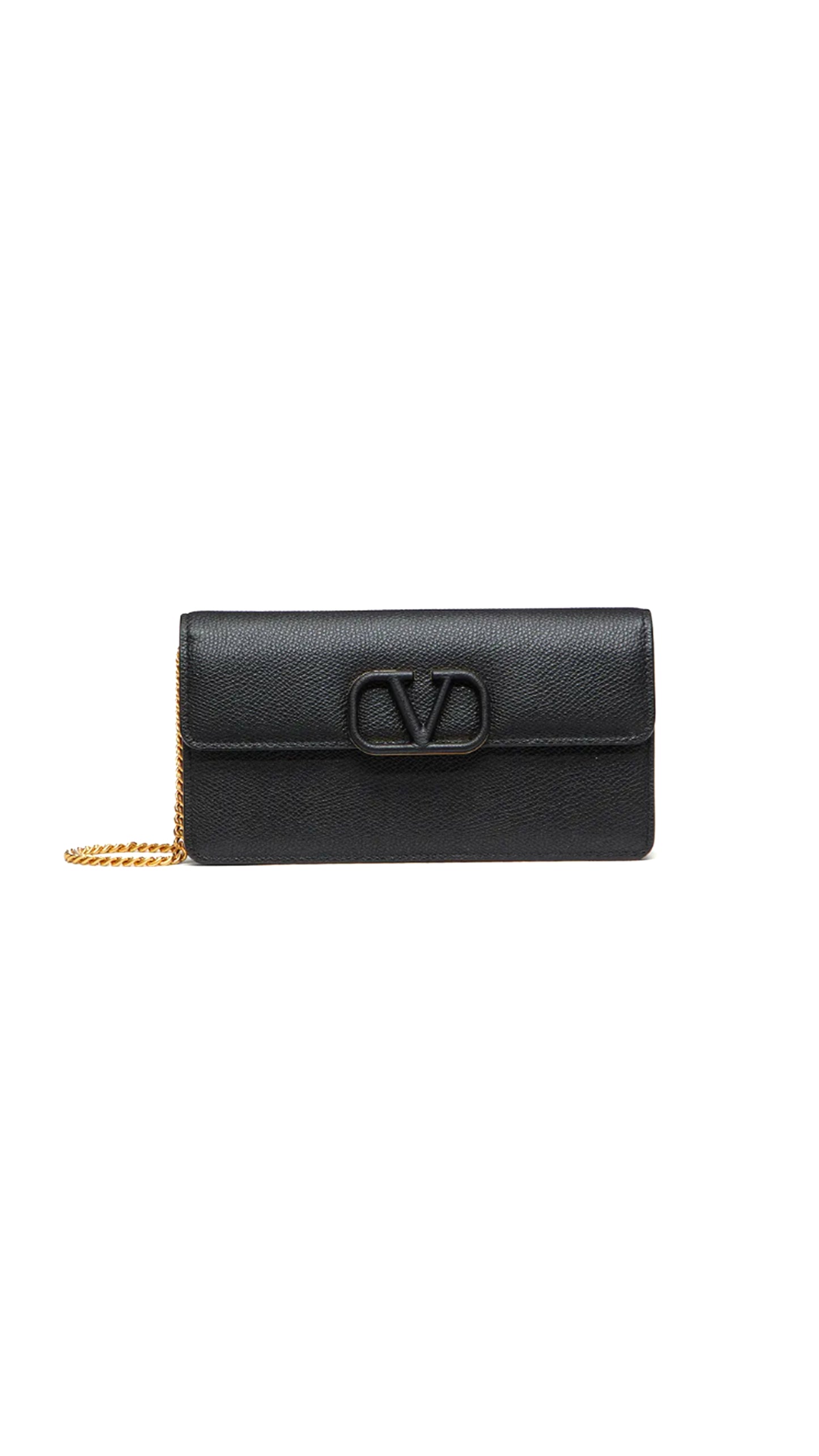 Vlogo Signature Grainy Calfskin Wallet With Chain- Black