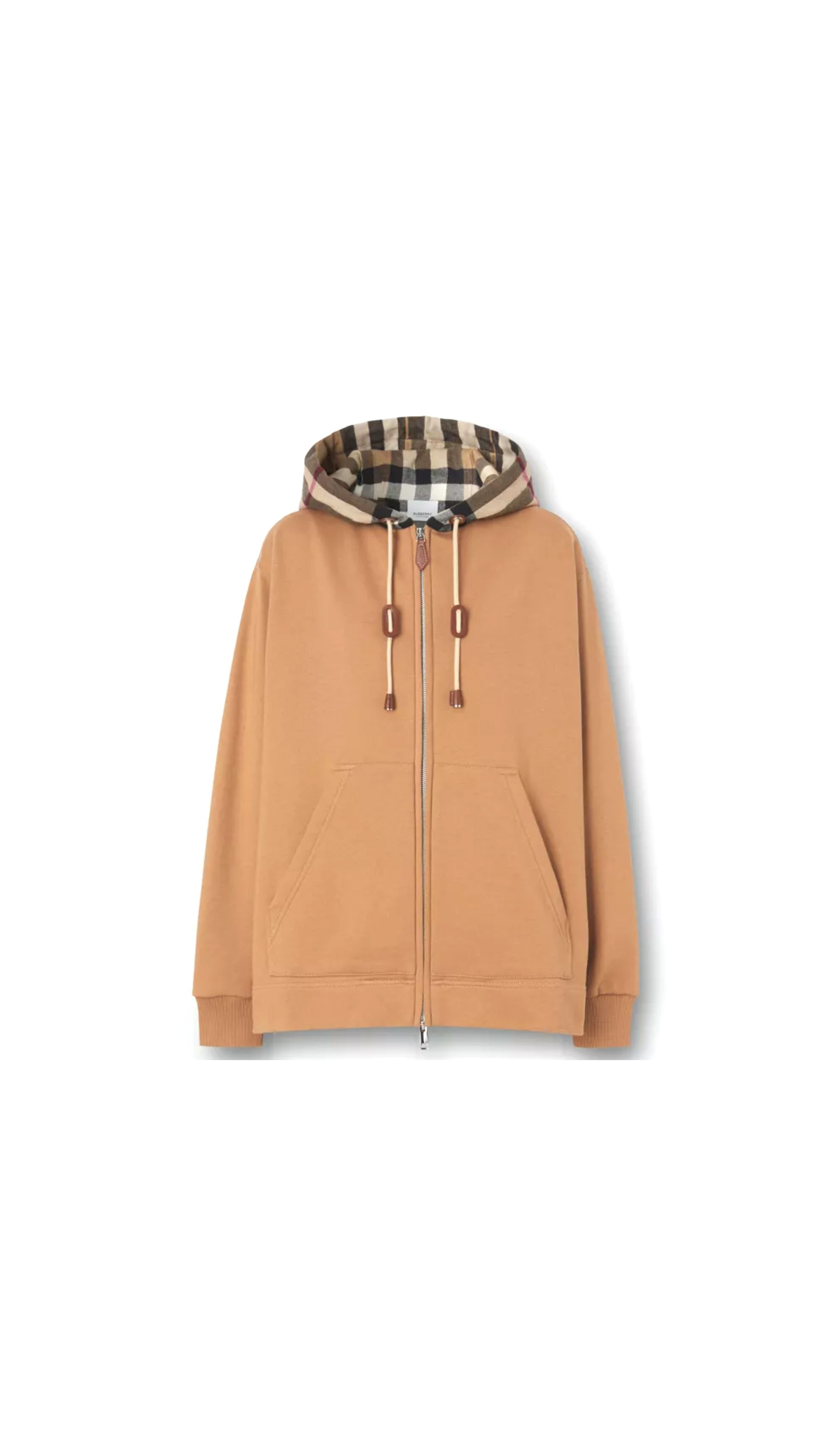 Check Hood Cotton Oversized Hooded Top - Camel