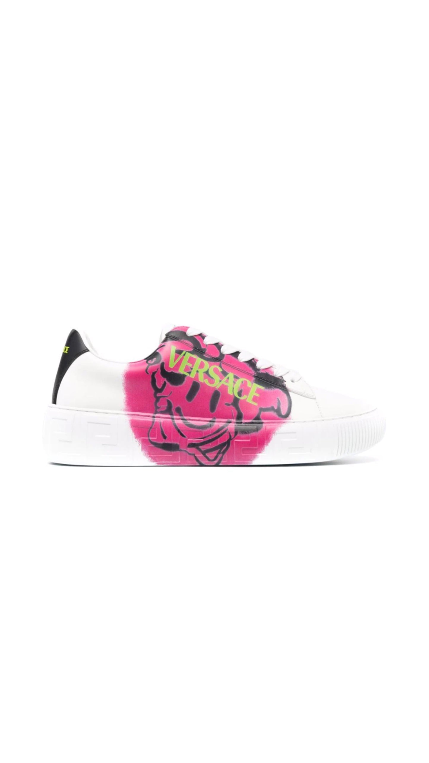 Greca Logo Printed Sneakers - White / Pink
