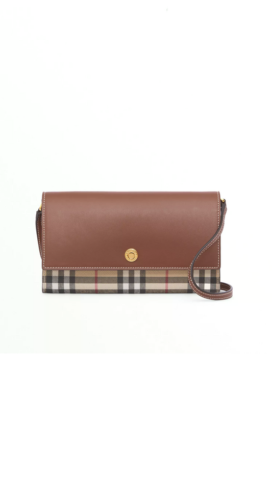 Check and Leather Wallet with Detachable Strap - Archive Beige