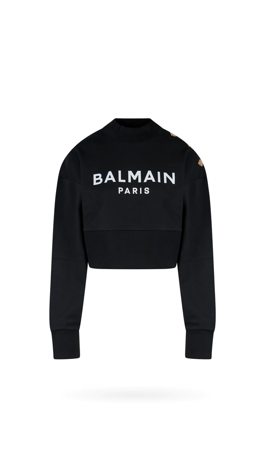 Eco-responsible Cotton Cropped Sweatshirt With Balmain Logo Print  - Black