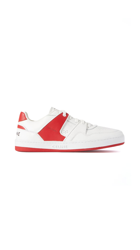 Celine Trainer Low Lace-up Sneaker in Calfskin - Optic White / Red