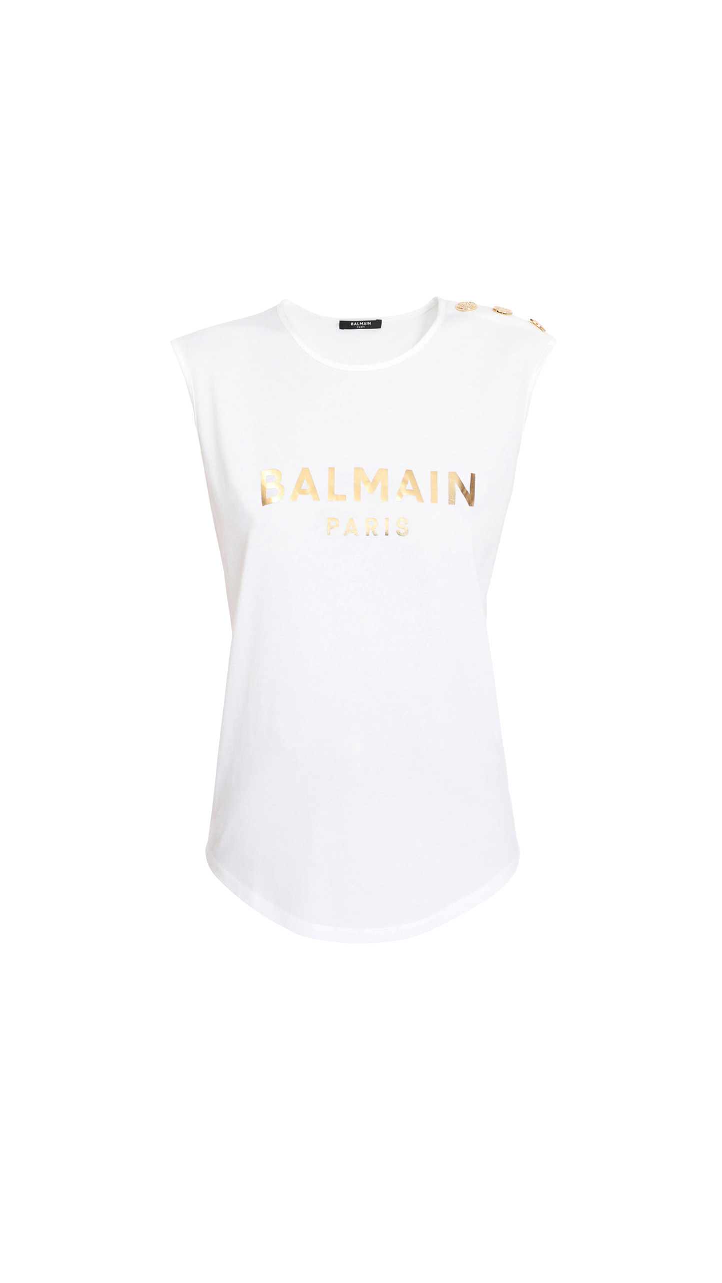 Cotton T-Shirt with Balmain Logo Print - Gold / White