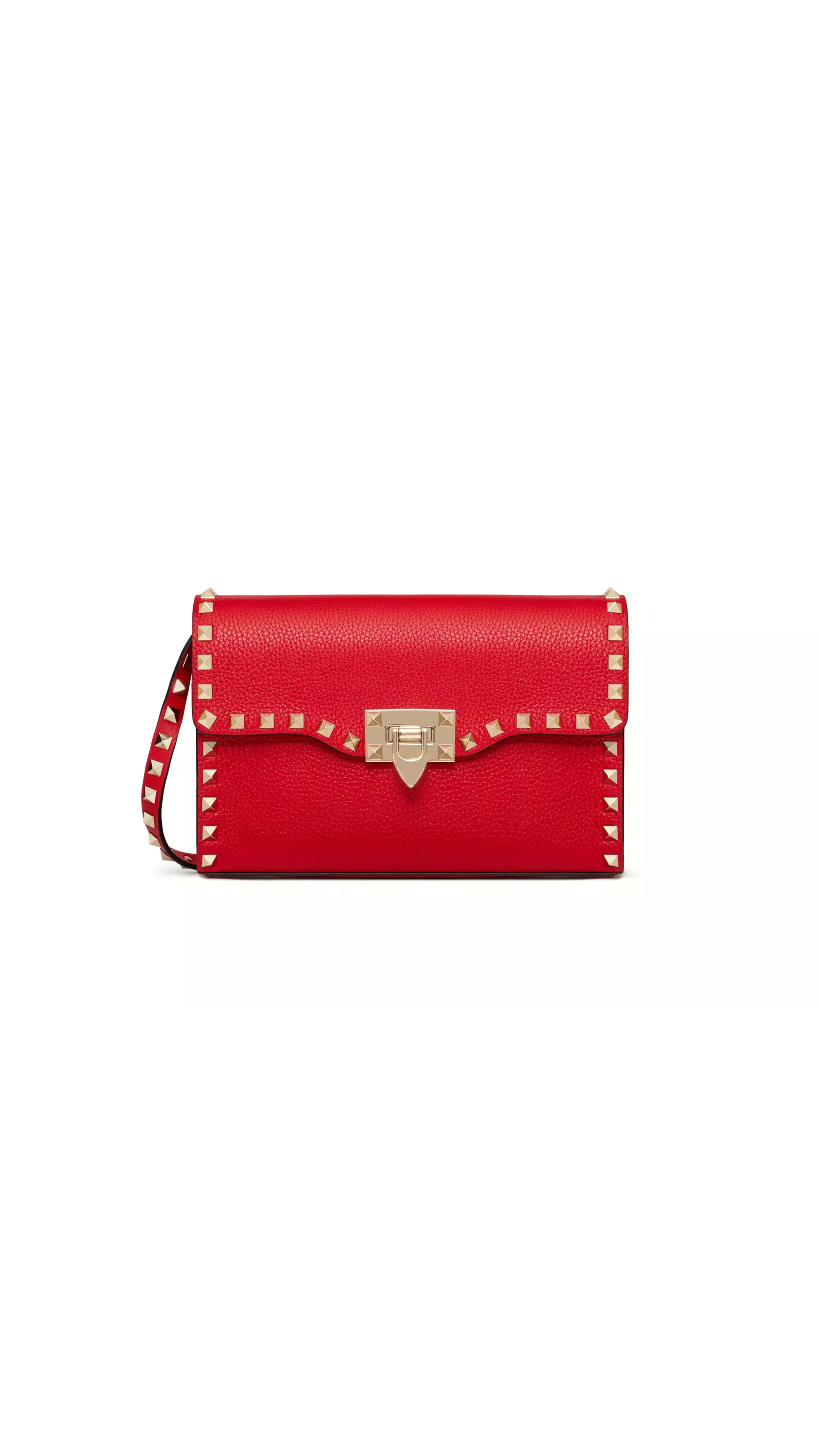 Small Rockstud Grainy Calskin Crossbody Bag - Rouge Pur